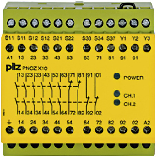 Safety relay (standalone) Inputs: 1-/2-channel wiring with/without detection of shorts across contacts Outputs: 6 N/O, 4 N/C. Automatic/monitored start UB 110 - 120 V AC, width: 90 mm, integral screw
