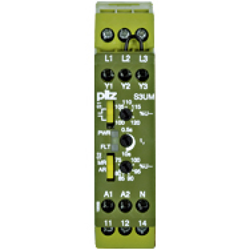 Voltage monitoring relay for monitoring overvoltage and undervoltage values, and the phase sequence in 3-phase mains, 40 - 400 Hz, Measuring voltage 400/440 V AC Width: 22.5 mm, UB 24 V DC.