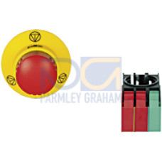 PITestop E-STOP/contact block set consisting of E-STOP pushbutton with E-STOP symbol and with logo and contact block with monitoring. 2 N/C, 1 signal contact (1 N/O, 2 N/C). With spring-loaded termina