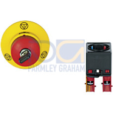 PITestop E-STOP/contact block set consisting of E-STOP pushbutton (key switch) with E-STOP symbol and contact block with monitoring. 2 N/C, terminals of screw type.