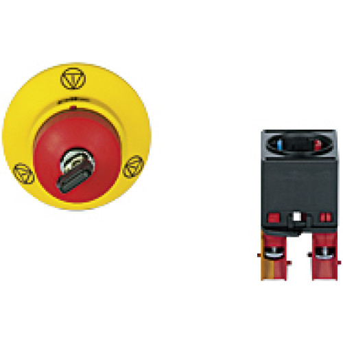 PITestop E-STOP/contact block set consisting of E-STOP pushbutton (key switch) with E-STOP symbol and contact block with monitoring. 2 N/C, terminals of screw type.
