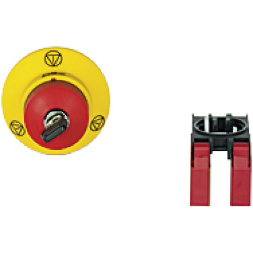 PITestop E-STOP/contact block set consisting of E-STOP pushbutton (key switch) with E-STOP symbol and contact block with monitoring. 2 N/C, with spring-loaded terminals.