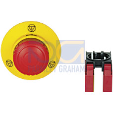 PITestop E-STOP/contact block set consisting of large E-STOP pushbutton with E-STOP symbol and logo contact block with monitoring. 2 N/C, with spring-loaded terminals.