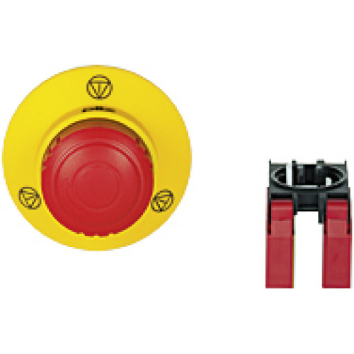 PITestop E-STOP/contact block set consisting of large E-STOP pushbutton with E-STOP symbol and logo contact block with monitoring. 2 N/C, with spring-loaded terminals.