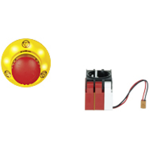 PITestop E-STOP/contact block set consisting of illuminated E-STOP pushbutton with E-STOP symbol and logo, and contact block with monitoring. 2 N/C, with spring-loaded terminals.
