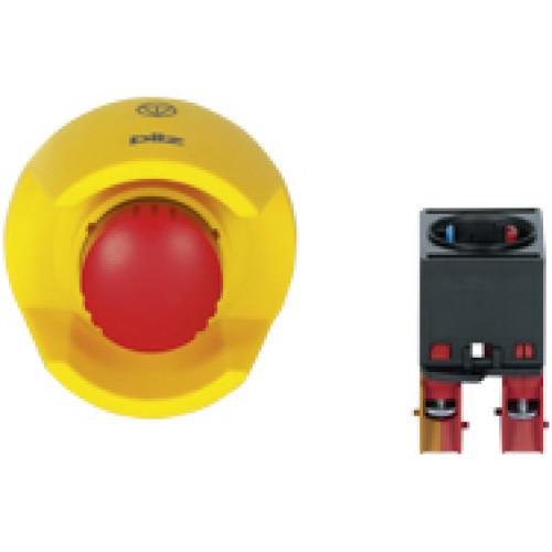 PITestop E-STOP/contact block set consisting of E-STOP pushbutton incl. protective collar and logo and contact block with monitoring. 2 N/C, terminals of screw type.