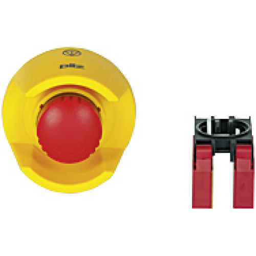 PITestop E-STOP/contact block set consisting of E-STOP pushbutton incl. protective collar and logo and contact block with monitoring. 2 N/C , with spring-loaded terminals.
