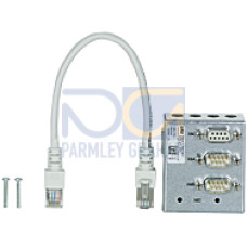 Fieldbus junction box for PMCprimo DriveP (size 1.5 A to 24 A) Interfaces: CAN1, RS232 and CAN2 with termination switch and RJ45 cable to connect the fieldbus junction box to the PMCprimo&nbsp;C.