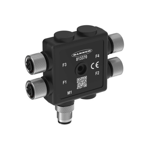 4-Port Molded Junction Box, 4 Female 5-pin M12 Ports, Male 5-pin M12 Integral Homerun, Parallel Wiring