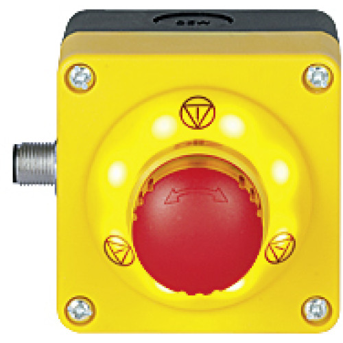 PITestop E-STOP/contact block incl. surface mount housing, set consisting of illuminated E-STOP pushbutton with E-STOP symbol and with E-STOP symbol and with logo and contact block, 2 N/C, with M12 co