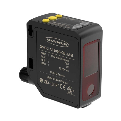 Q5X Series: Jam Detection Model, Range: 95-2000, Input: 10-30 V dc, Output: 1 PNP/NPN with IO-Link, 1 PNP/NPN Multi-Function I/O, 4-pin M12 Rotatable QD