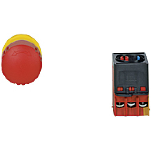 PITestop E-STOP/contact block set consisting of E-STOP pushbutton with E-STOP symbol and logo with contact block with monitoring, 3 N/C, terminals of screw type.