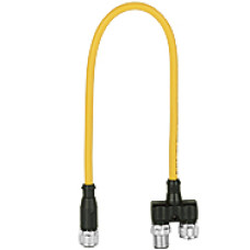 Y junction with pigtail for PSENcode, PSENslock. Input socket 1x M12/8pin, output plug 2x M12/8pin. Permutation of connector electrical excludable.
