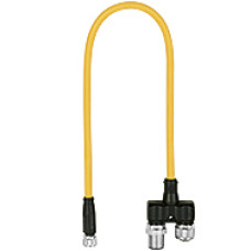 Y junction with pigtail for PSENcode, PSENslock. Input socket 1x M8/8pin, output plug 2x M12/8pin. Permutation of connector electrical excludable.