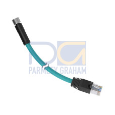 Cordset: Double Ended M8 Threaded to RJ45, 4-pin Straight Female, 4-pin Straight Male Connectors with Shield, 9 m (29.52 ft) Teal PVC Jacket, Nickel-Plated Brass Coupling Nuts