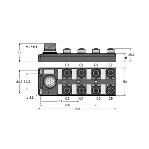Passive Actuator/Sensor Box, M12 &times; 1, 8-port, with M23 Connector for Supply Cabl