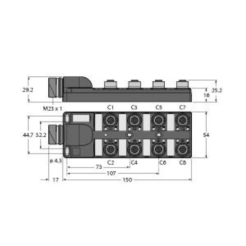 Passive Actuator/Sensor Box, M12 &times; 1, 8-port, with M23 Connector for Supply Cabl