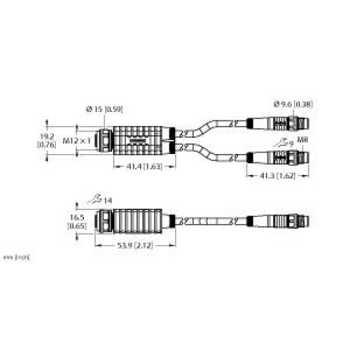 2-Way Splitter, Y-Splitter with Cable, Female M12&nbsp;&times;&nbsp;1 - 2x Male M8&nbsp;&times;&nbsp;1