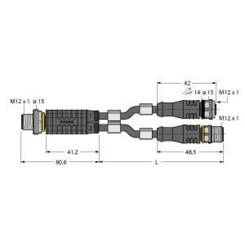 2-Way Splitter, Y-Splitter with Cable, M12&nbsp;&times;&nbsp;1 Male - Female, M12&nbsp;&times;&nbsp;1 Male