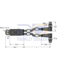 2-Way Splitter, Y-Splitter with Cable, Female M12&nbsp;&times;&nbsp;1 - 2x Male M8&nbsp;&times;&nbsp;1
