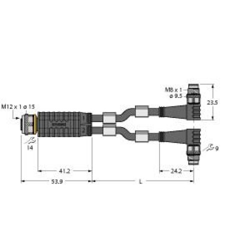 2-Way Splitter, Y-Splitter with Cable, Female M12&nbsp;&times;&nbsp;1 - 2x Male M8&nbsp;&times;&nbsp;1