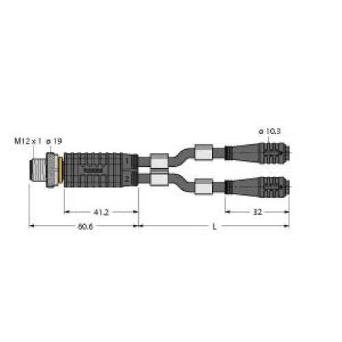 2-Way Splitter, Y-Splitter with Cable, Male M12&nbsp;&times;&nbsp;1 - 2x Female &Oslash; 8&nbsp;mm (Pull-Off