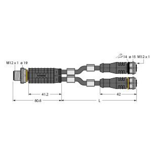 2-Way Splitter, Y-Splitter with Cable, Male Connector M12&nbsp;&times;&nbsp;1 - 2&nbsp;&times; Female Conne