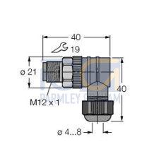 Field-Wireable Connector, Male Connector M12&nbsp;&times;&nbsp;1, Angled
