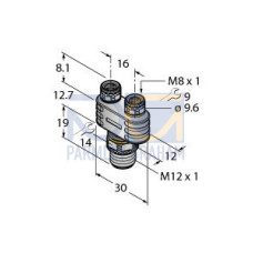 2-Way Splitter, Y-Splitter with LED, Male M12&nbsp;&times;&nbsp;1 - 2x Female M8&nbsp;&times;&nbsp;1