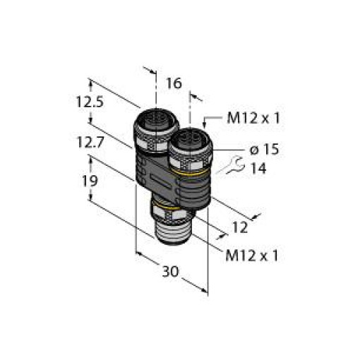 2-Way Splitter, Y-Splitter without Cable, M12&nbsp;&times;&nbsp;1 Male Connector  2&nbsp;&times;&nbsp;M12&nbsp;&times;&nbsp;1 F