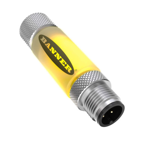 S15L Series: 2-Color In-Line Sensor Status Indicator, Voltage: 10-30 V dc, Housing: Polyurethane, IP67, Input: PNP, Colors: Yellow Green, Male-Female 4-pin M12 Integral QD