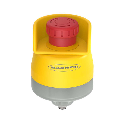 SSA-EB1 30 Mount Emergency Stop Push Button, Red-Solid Illuminated Base, 40 Actuator, IP65, Contacts: 2NC/1NO-PNP, 8-pin M12 Integral QD, ESC-1-YW Button Shroud Installed