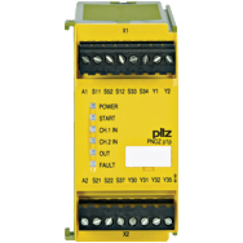 Safety relay (standalone), inputs: 1/2-channel wiringwith/without detection of shorts across contacts, outputs: 2 SC outputs,automatic/monitored start, UB 24 V DC, plug-in terminals inscrew technology