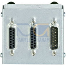 Adapter box for speed monitoring module, PNOZmulti Classic, 3 x 15-pin D-Sub connector, 2 x socket, 1 x connector, can be clipped to tophat rails.