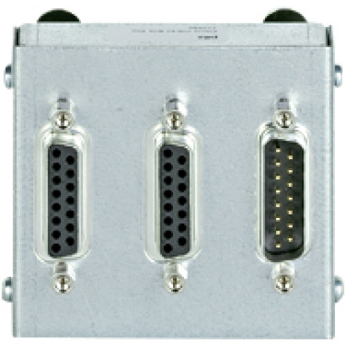 Adapter box for speed monitoring module, PNOZmulti Classic, 3 x 15-pin D-Sub connector, 2 x socket, 1 x connector, can be clipped to tophat rails.