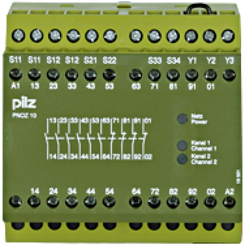 Safety relay (standalone), inputs: 1/2-channel wiringwith/without detection of shorts across contacts, outputs: 6 N/O, 4 N/C,UB = 24 V DC, width:90 mm, screw terminals integrated, monitoring of E-STOP