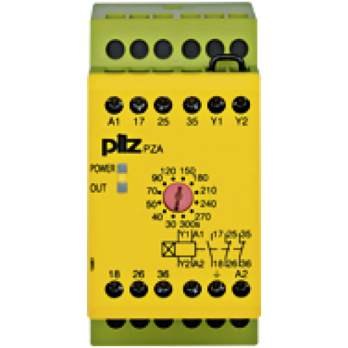 Safety relay (standalone), inputs: 1-channel wiring,outputs: 1 N/O, 2 N/C, UB = 230 V AC, width: 45 mm, screw terminalsintegrated, delay-on energisation timer relay, monitoring feedback loop,energisat