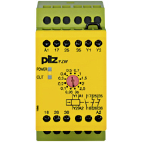 Safety relay (standalone), inputs: 1-channel wiring,outputs: 1 N/O, 2 N/C, UB = 24 V DC, width: 45 mm, screw terminalsintegrated, pulsing timer relay, monitoring feedback loop, pulse times12 levels fr