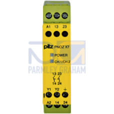 Safety relay (standalone), inputs: 1-channel wiring,outputs: 2 N/O, automatic/manual start, UB 230 V AC, width: 22.5mm, screw terminals integrated, monitoring of E-STOP, safety gates.