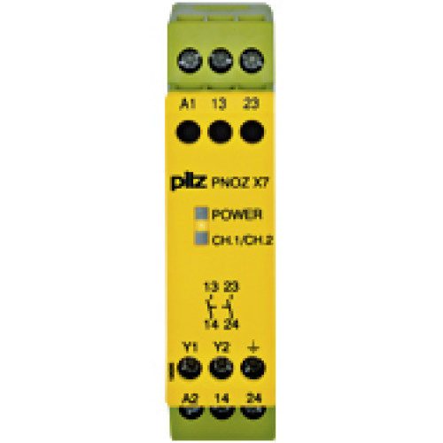 Safety relay (standalone), inputs: 1-channel wiring,outputs: 2 N/O, automatic/manual start, UB 230 V AC, width: 22.5mm, screw terminals integrated, monitoring of E-STOP, safety gates.