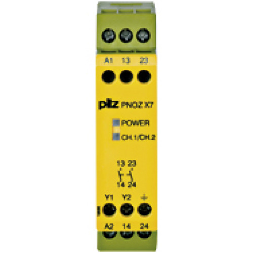 Safety relay (standalone), inputs: 1-channel wiring,outputs: 2 N/O, automatic/manual start, UB = 240 V AC, width:22.5 mm, screw terminals integrated, monitoring of E-STOP,safety gates.
