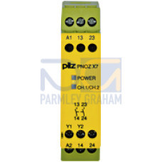 Safety relay (standalone), inputs: 1-channel wiring,outputs: 2 N/O, automatic/manual start, UB 24 V AC/DC, width:22.5 mm, screw terminals integrated, monitoring of E-STOP,safety gates.