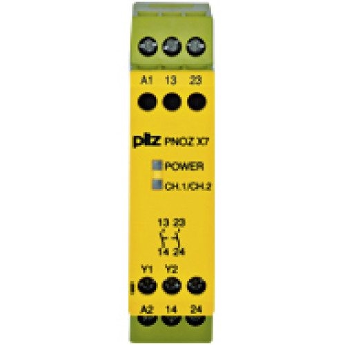 Safety relay (standalone), inputs: 1-channel wiring,outputs: 2 N/O, automatic/manual start, UB 24 V AC/DC, width:22.5 mm, screw terminals integrated, monitoring of E-STOP,safety gates.