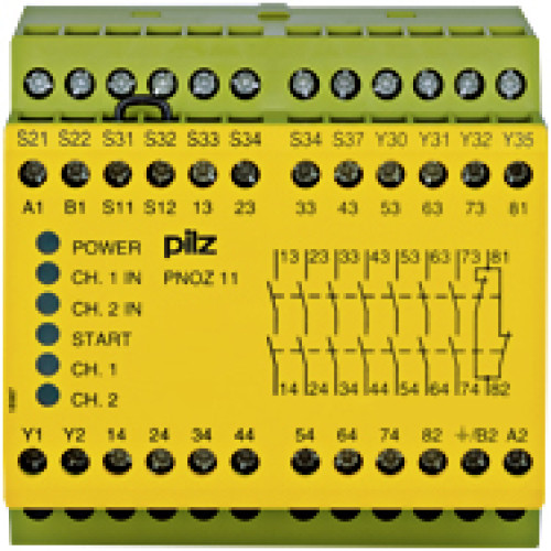 Safety relay (standalone), inputs: 1/2-channel wiringwith detection of shorts across contacts, outputs: 7 N/O, 1 N/C, 1 SC,automatic/manual/monitored start, UB 24 V AC/DC, width: 90 mm,screw terminals