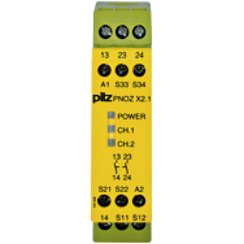Safety relay (standalone), inputs: 1/2-channel wiringwith/without detection of shorts across contacts, outputs: 2 N/O,automatic/manualstart, UB 24 V AC/DC, width: 22.5 mm, screw terminals integrated,m