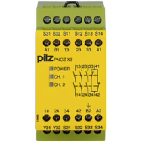 Safety relay (standalone), inputs: 1/2-channel wiringwith/without detection of shorts across contacts, outputs: 3 N/O, 1 N/C,1 SC,automatic/monitored start, UB 24 V AC/DC, width: 45 mm,screw terminals
