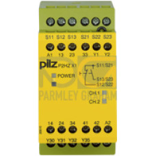Safety relay (standalone), inputs: Per pushbutton 1 N/O, 1 N/C,outputs: 3 N/O, 1 N/C, 2 SC, UB = 24 V AC, width: 45 mm, screw terminalsintegrated, two-hand control relay, simultaneity monitoring witht