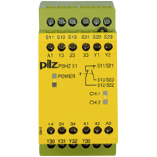 Safety relay (standalone), inputs: Per pushbutton 1 N/O, 1 N/C,outputs: 3 N/O, 1 N/C, 2 SC, UB = 24 V AC, width: 45 mm, screw terminalsintegrated, two-hand control relay, simultaneity monitoring witht
