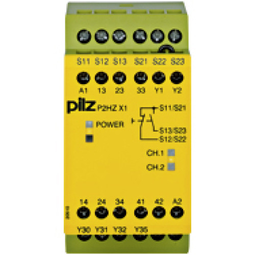 Safety relay (standalone), inputs: Per pushbutton 1 N/O, 1 N/C,outputs: 3 N/O, 1 N/C, 2 SC, UB 24 V DC, width: 45 mm, screw terminalsintegrated, two-hand control relay, simultaneity monitoring withtwo