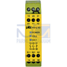 Safety relay (standalone), inputs: Per pushbutton 1 N/O, 1 N/C,outputs: 2 N/O, 1 N/C, UB 24 V DC, width: 22.5 mm, screw terminalsintegrated, two-hand control relay, simultaneity monitoring withtwo-han